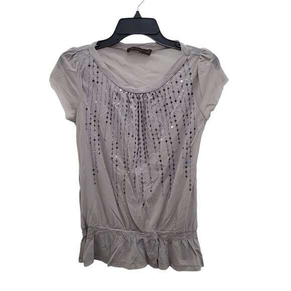 The Limited Women's Gray Silver Sequined Front Semi Sheer‎ Mesh Peplum Top S - Picture 1 of 6